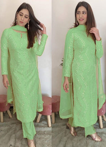 Phenomenal Light Green Color Embroidered Sequence Designer Faux Georgette Salwar Suit For Festive Wear
