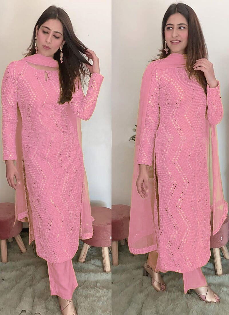 Thrilling Light Pink Color Beautiful Sequence Embroidered Work Faux Georgette Salwar Suit For Function Wear