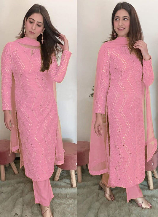Thrilling Light Pink Color Beautiful Sequence Embroidered Work Faux Georgette Salwar Suit For Function Wear