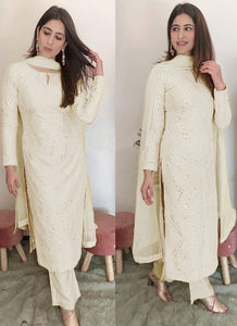 Shattering Off White Color Designer Faux Georgette Embroidered Designer Sequence Work Wedding Wear Salwar Suit
