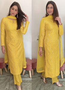 Confounding Yellow Color Designer Faux Georgette Festive Wear Sequence Embroidered Work Fancy Salwar Suit for women