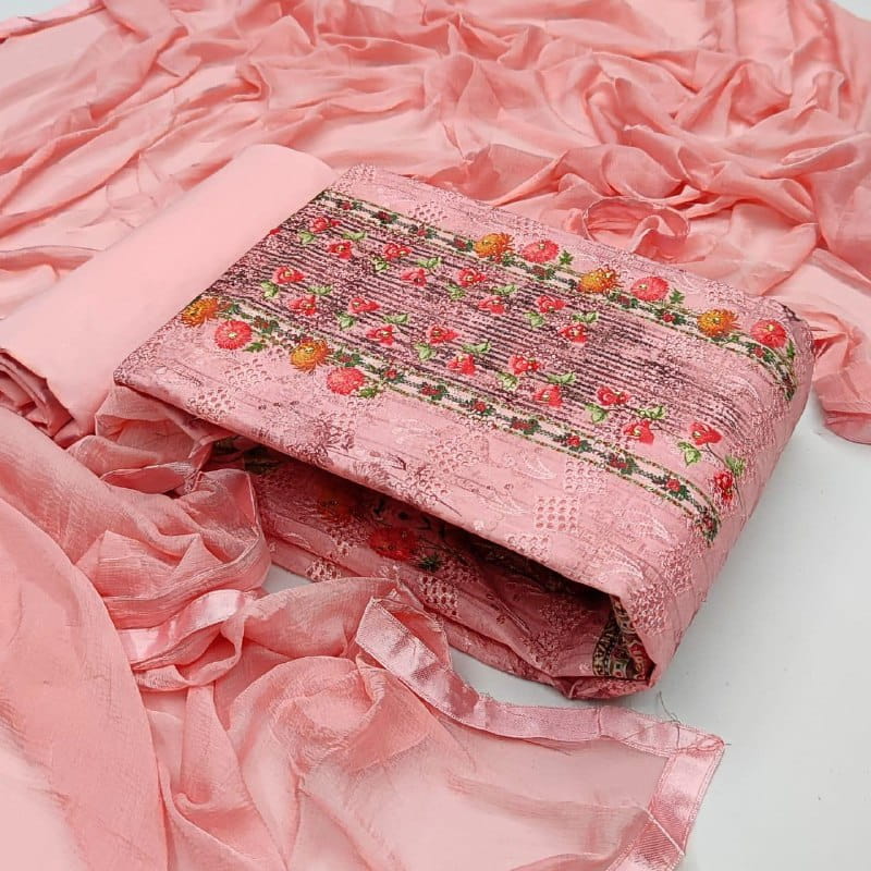Blooming Pink Color Unique Semi Modal Chanderi Design Embroidered Work Salwar Suit