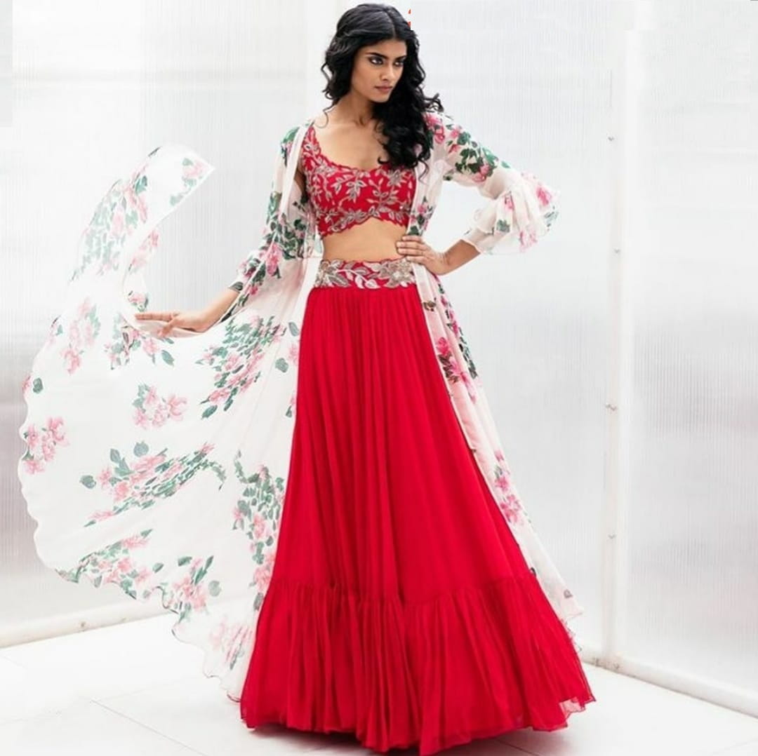 Prodigious Red Color Designer Georgette Embroidered Work Indo Western Lehenga Choli For Wedding Wear