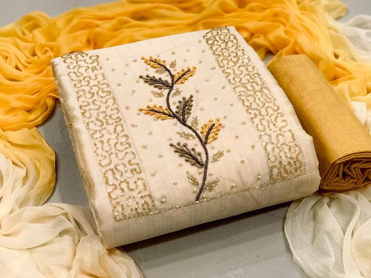 Remarkable Yellow Color Designer Khatli Work Chanderi Party Wear Salwar Suit