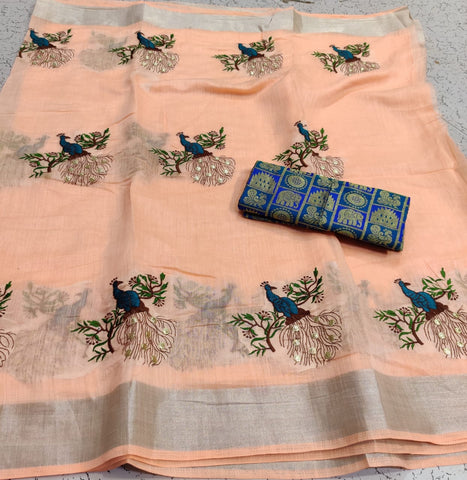 Stupefying partywear Heavy Cotton Linen Embroidered Designer Saree Blouse