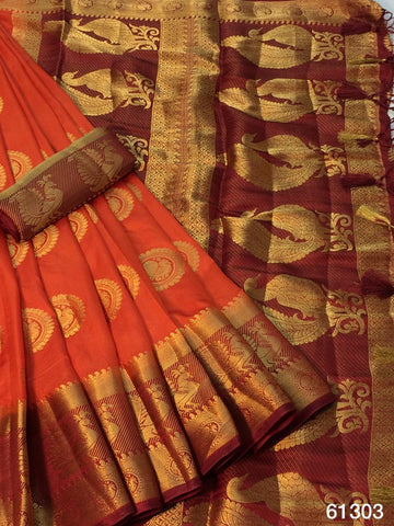 Breath taking Wear Orange Color Designer Rich Pallu Dying Material Nylon Silk Designer Saree Blouse