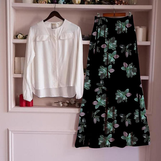 Perplexing Black Color Full Stitched Fancy Rayon Digital Printed Skirt Top for women