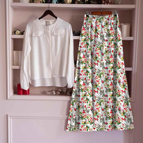 Surpassing White Color Ready Made Cotton Digital Printed Designer Skirt Top For Festive Wear