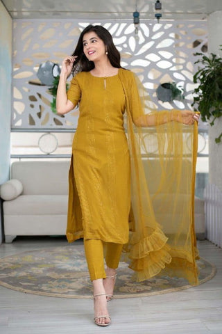 Tremendously Mustard Color Ready Made Rayon Thread Fancy Sequence Work Salwar Suit