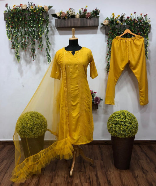 Tremendously Mustard Color Ready Made Rayon Thread Fancy Sequence Work Salwar Suit