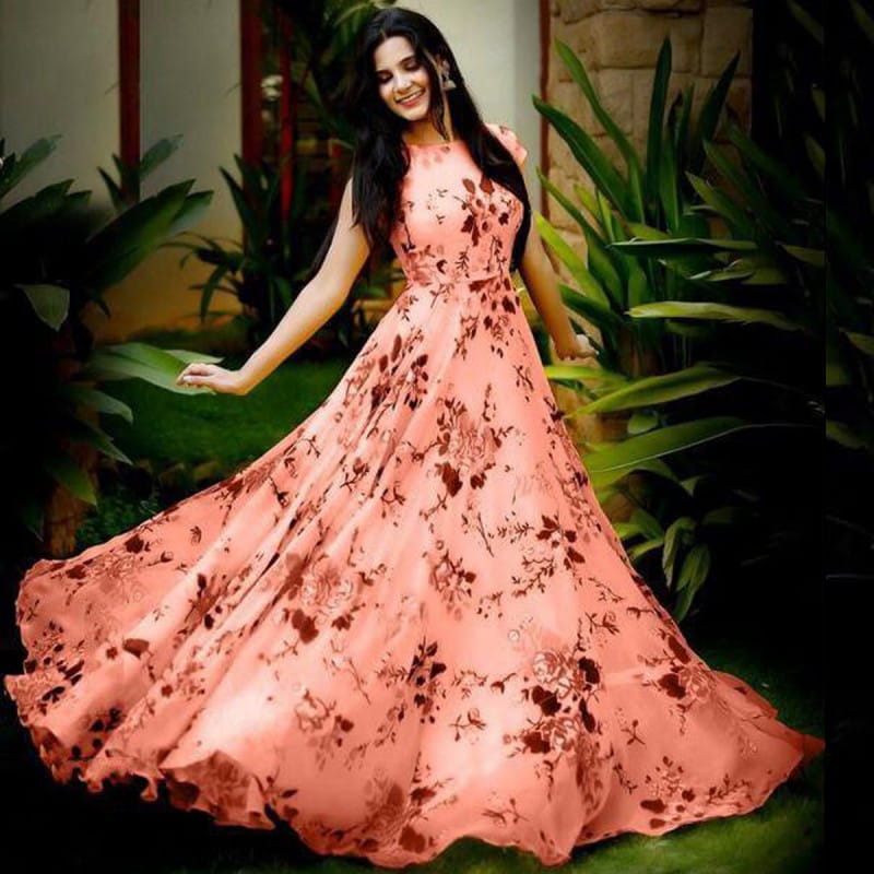 Awesome Peach Color Festive Wear Ready Made Heavy Crape Digital Printed Gown for women