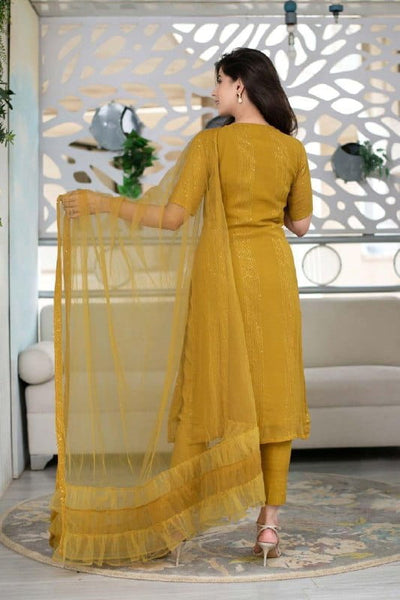 Tremendously Mustard Color Ready Made Rayon Thread Fancy Sequence Work Salwar Suit