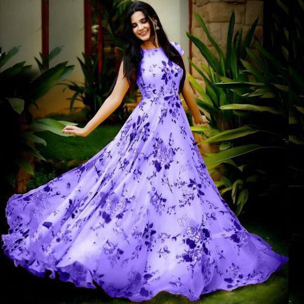 Adorable Violet Color Festive Wear Full Stitched Digital Printed Heavy Crape Gown for women