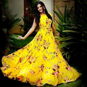 Trendy Yellow Color Ready Made Heavy Crape Designer Printed Digital Gown For Function Wear