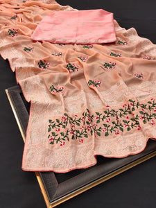 Light Peach Color Occasion Wear All Over Piping Rangoli Silk Viscose Thread Work Saree Blouse