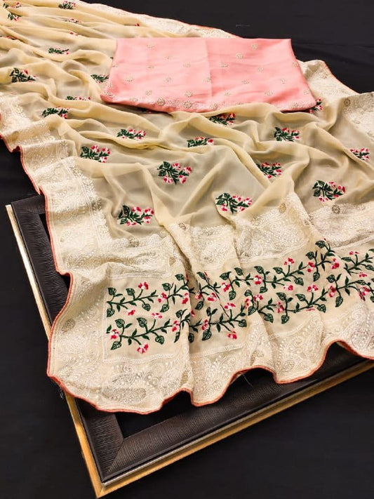 Adorable Cream Color Beautiful Piping All Over Viscose Thread Work Rangoli Silk Saree Blouse For Women