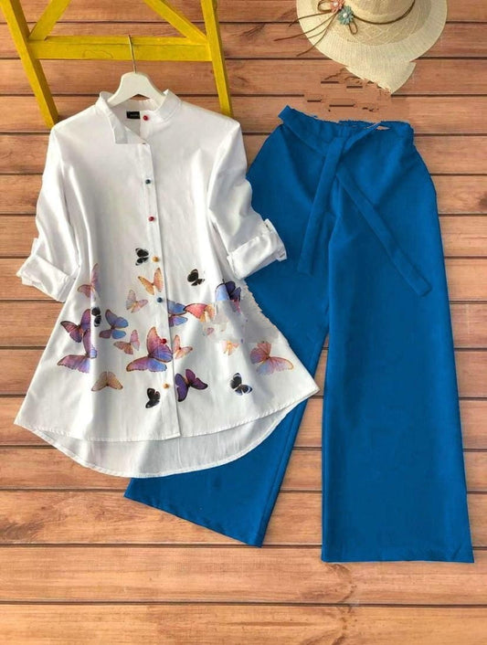 Prominent Sky Blue Color Party Wear Cotton Printed Rayon Ready Made Kurti Plazo for women