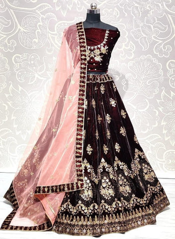 Dazzling Maroon Color Bridal Wear Velvet Embroidered Zari Sequence Work Lehenga Choli