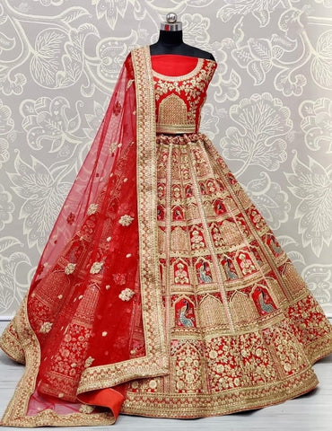 Red Red Color Wedding Wear Zari Thread Diamond Sequence Work Art Silk Fancy Lehenga Choli