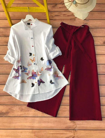 Shattering Maroon Color Fancy Cotton Rayon Designer Printed Ready Made Party Wear Kurti Plazo