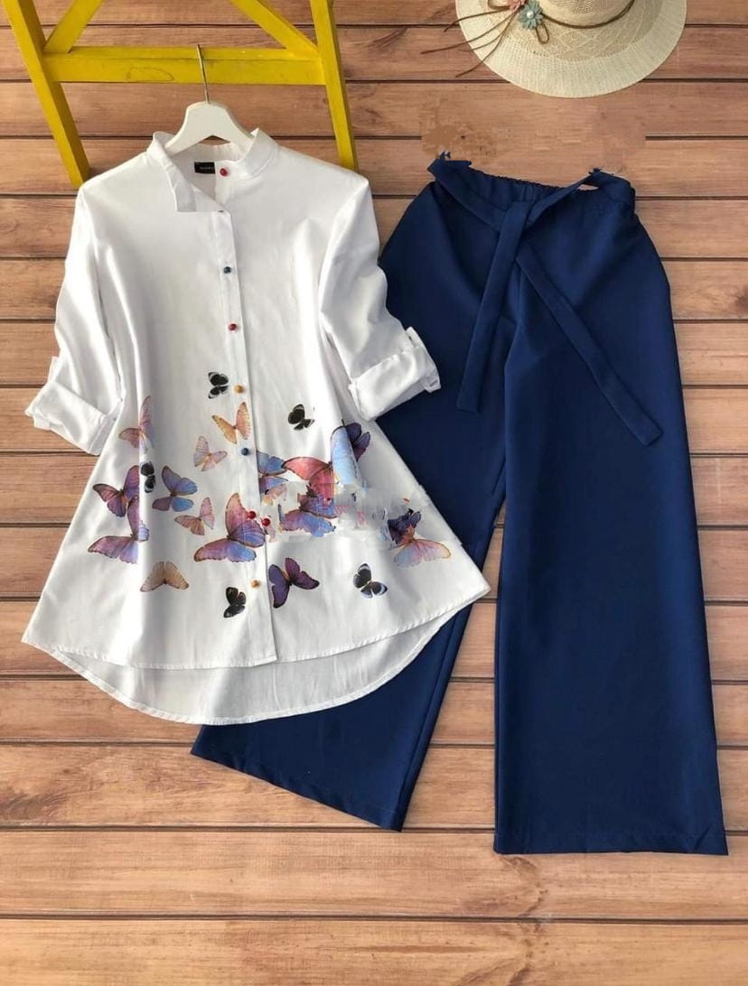 Festive Navy Blue Color Ready Made Rayon Printed Cotton Designer Kurti Plazo For Casual Wear