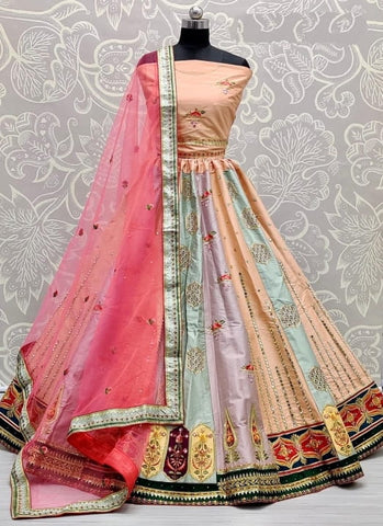 Graceful Peach Color Festive Wear Art Silk Mirror Sequence Thread Embroidered Work Lehenga For Women