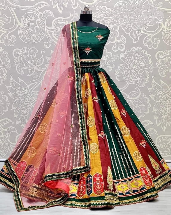 Flattering Bottle Green Color Designer Art Silk Thread Mirror Sequence Embroidered Work Lehenga