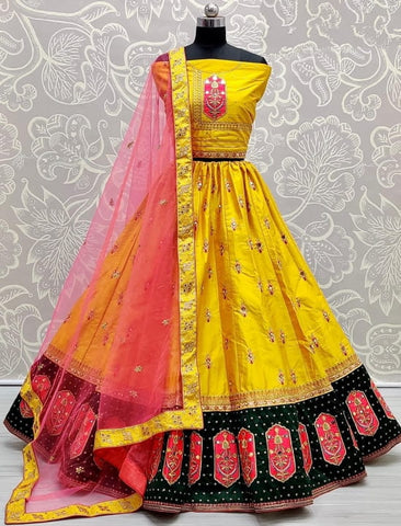 Delightful Yellow Color Festival Wear Satin Silk Diamond Zari Embroidered Mirror Thread Work Lehenga Choli