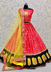 Sophisticated Pink Color Occasion Wear Satin Silk Mirror Diamond Zari Thread Embroidered Work Designer Lehenga