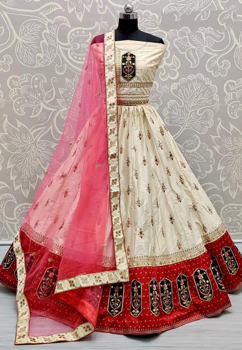 Amazaballs Off White Color Beautiful Silk Satin Zari Thread Embroidered Mirror Diamond Work Lehenga Choli