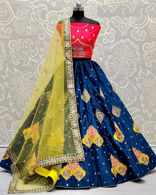 Blooming Blue Color Occasion Wear Satin Silk Embroidered Zari Thread Sequence Work Lehenga For Women