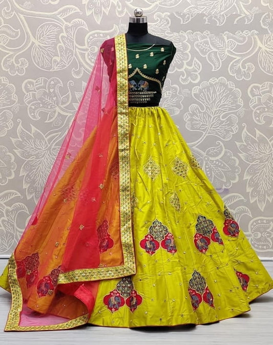 Bewildering Green Color Bridal Wear Satin Silk Designer Zari Embroidered Sequence Work Lehenga