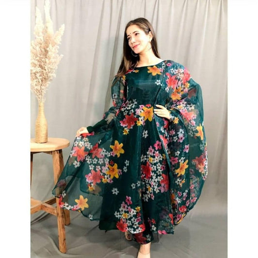 Enamoring Bottle Green Color Full Stitched Organza Designer Printed Pent Style Salwar Suit For Women
