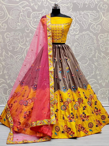 Artistic Yellow Color Wedding Wear Satin Silk Multi Thread Embroidered Sequence Work Lehenga