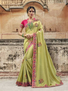 Capricious Light Green Color Wedding Wear Vichitra Silk Moti Embroidered Work Designer Designer Saree Blouse