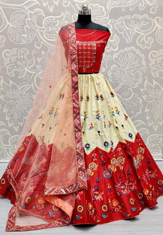 Modern Red Color Bridal Wear Satin Silk Designer Sequence Embroidered Multi Thread Work Lehenga Choli