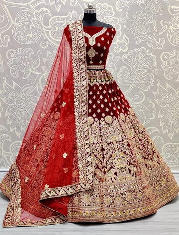 Captivation Red Color Bridal Wear Zari Embroidered Multi Thread Zarkand Diamond Work Designer Velvet Lehenga
