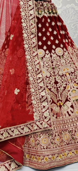 Captivation Red Color Bridal Wear Zari Embroidered Multi Thread Zarkand Diamond Work Designer Velvet Lehenga