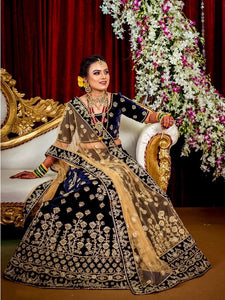 Stupendous Navy Blue Color Wedding Wear Tapetta Velvet Embroidered Work Designer Lehenga Choli