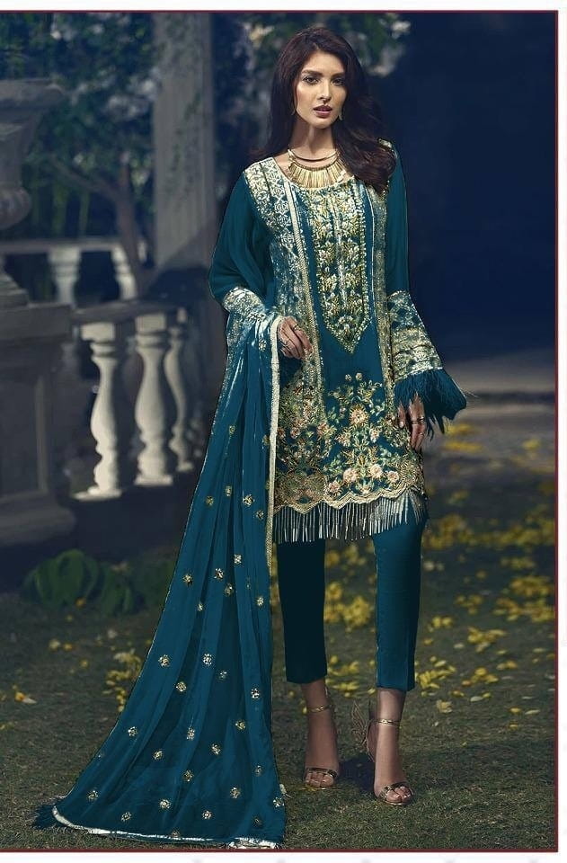 Phenomenal Rama Blue Color Beautiful Embroidered Work Georgette Salwar Suit For Women