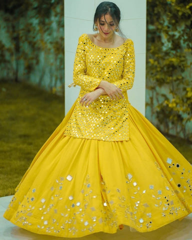 Fabulous Yellow Color Wedding Wear Georgette Paper Mirror Thread Work Top With Lehenga