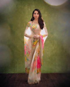 Exceptional Multi Color Designer Organza Silk Digital Printed Sequence Work Lace Wedding Wear Designer Saree Blouse