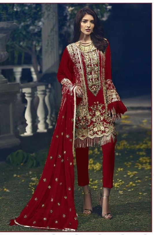 Stunning Red Color Embroidered Work Georgette Salwar Suit For Girls
