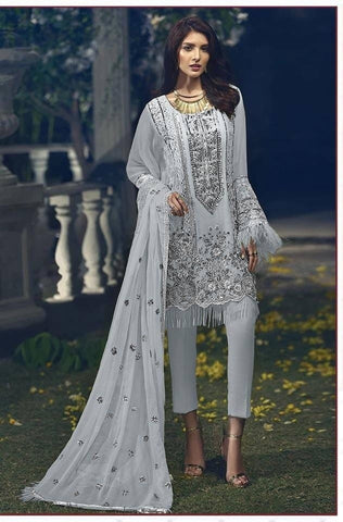 Party Wear Grey Color Embroidered Work Georgette Salwar Suit For Women