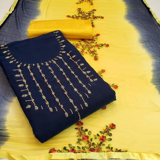 Gorgeous Navy Blue Color Fancy Semi Modal Chanderi Designer Hand Work Salwar Suit For Festive Wear