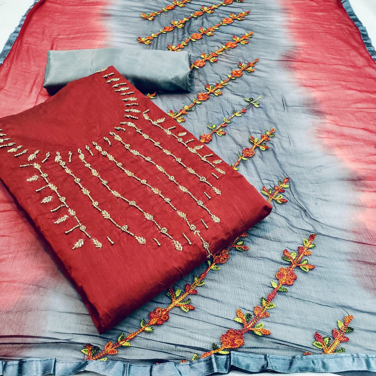 Adorable Red Color Hand Work Fancy Chanderi Semi Modal Party Wear Salwar Suit for women