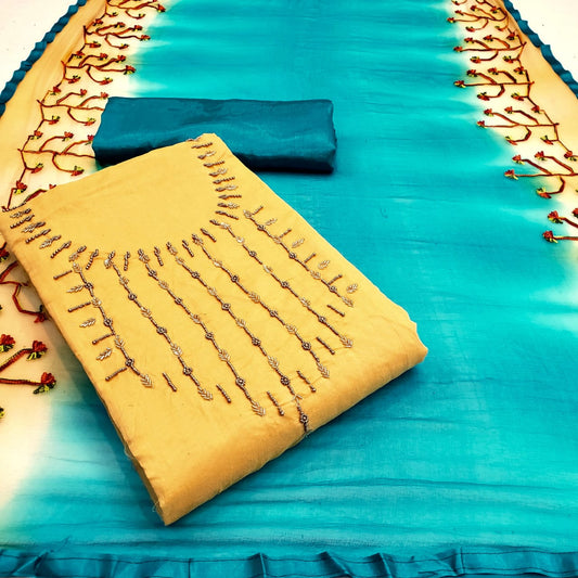 Magnetic Yellow Color Beautiful Hand Work Semi Modal Chanderi Function Wear Salwar Suit