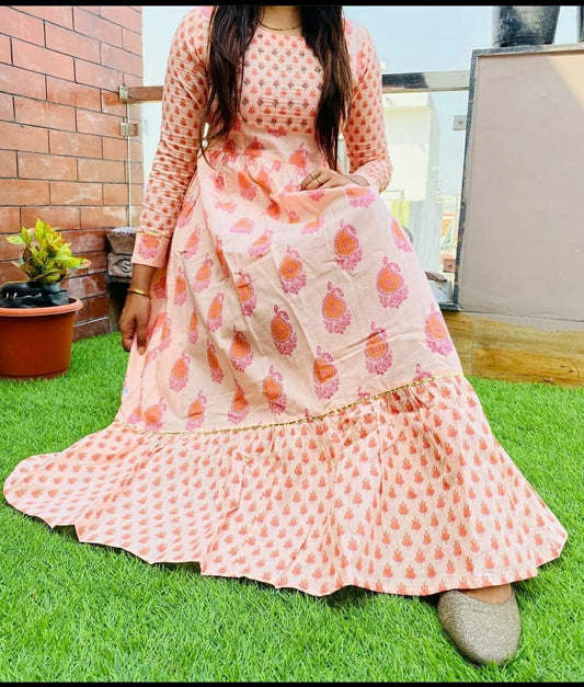 Exceptional Peach Color Full Stitched Digital Printed Cotton Long Gown