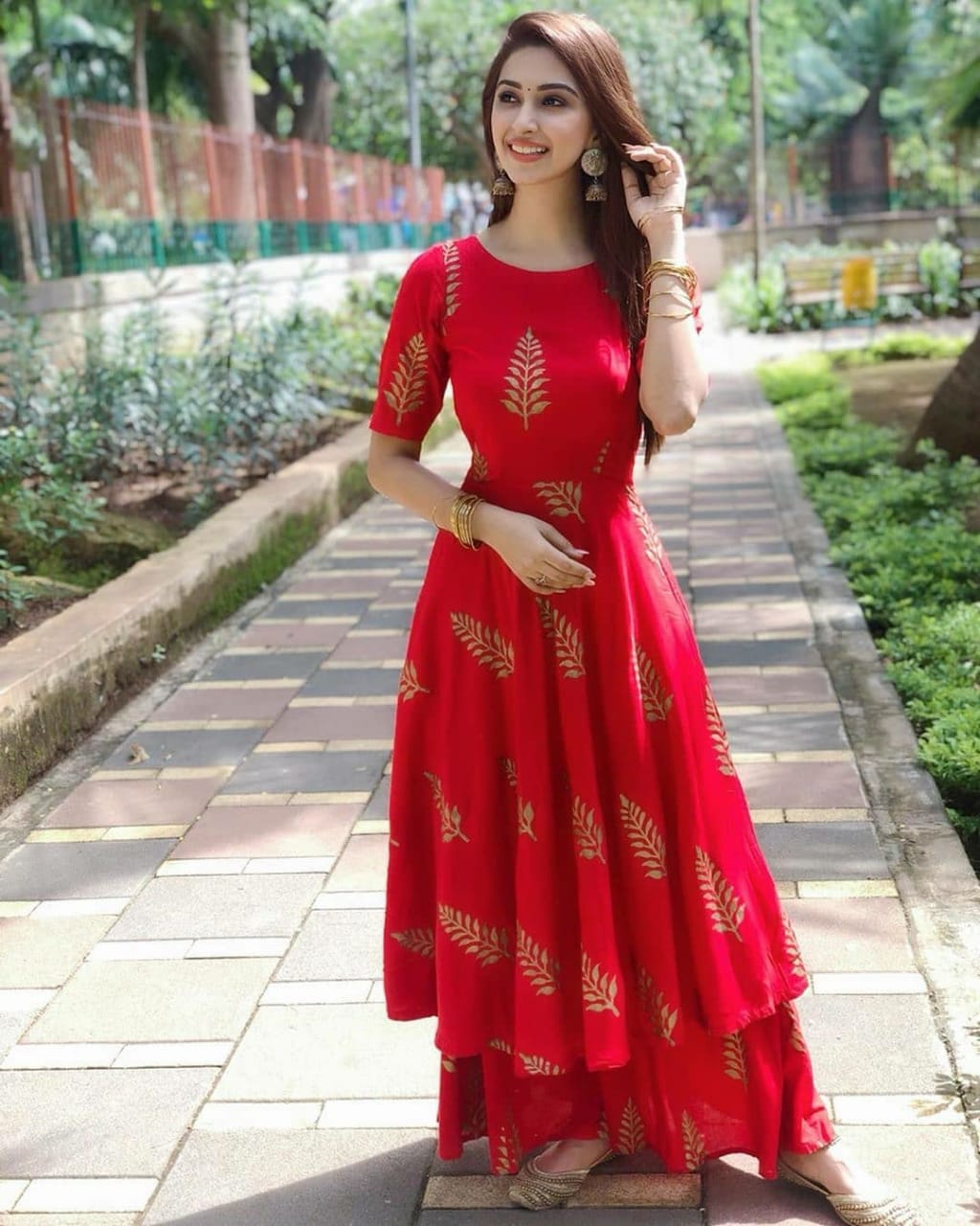 Knockout Red Color Full Stitched Soft Twill Crape Digital Printed Designer Kurti Plazo Set For Festive Wear