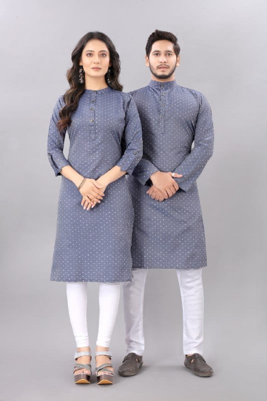 Fabulous Grey Color Ready Made Cotton Printed Jacquard Butti Couple Kurta For Party Wear